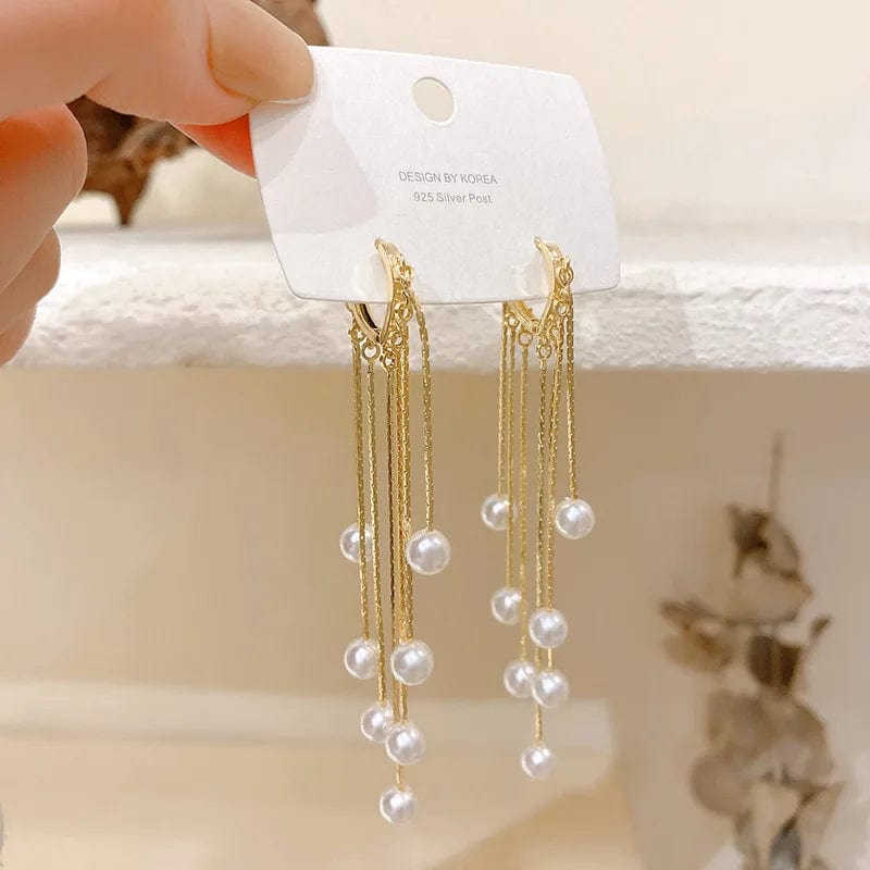 Gold Silver Color Hand Made Pearl Dangle Long Chain Tassel Love Heart Hoop Earrings Ear Buckle Women's Party Jewelry