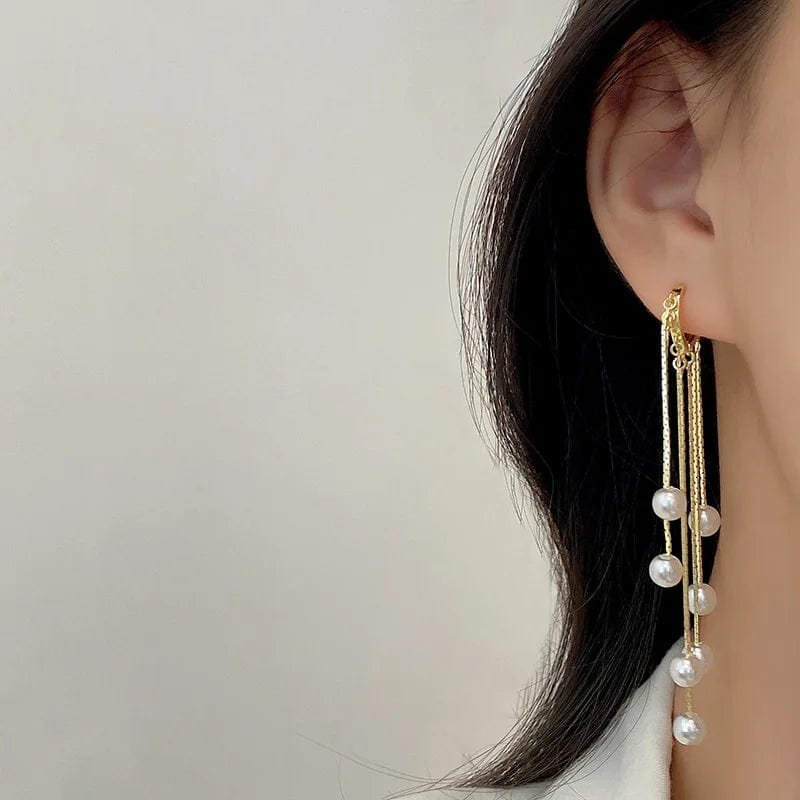 Gold Silver Color Hand Made Pearl Dangle Long Chain Tassel Love Heart Hoop Earrings Ear Buckle Women's Party Jewelry