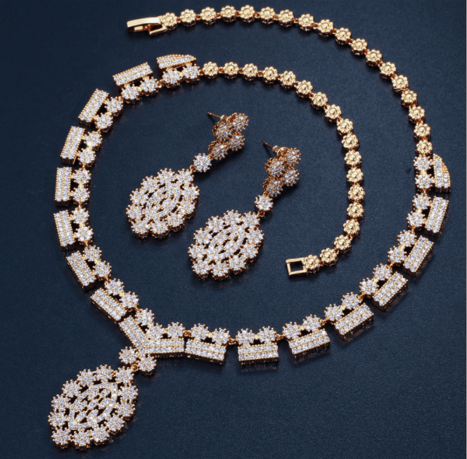Gold simple style cubic zirconia necklace earrings bridal wedding jewelry sets for women