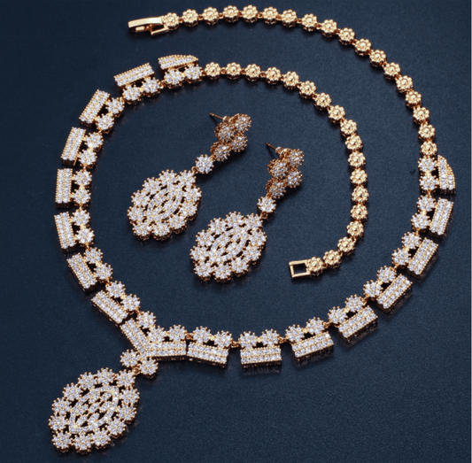 Gold simple style cubic zirconia necklace earrings bridal wedding jewelry sets for women