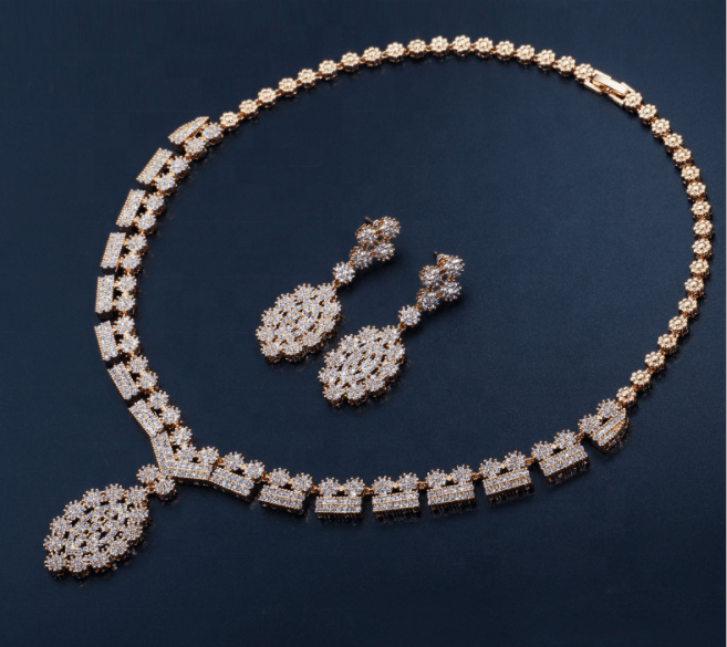 Gold simple style cubic zirconia necklace earrings bridal wedding jewelry sets for women