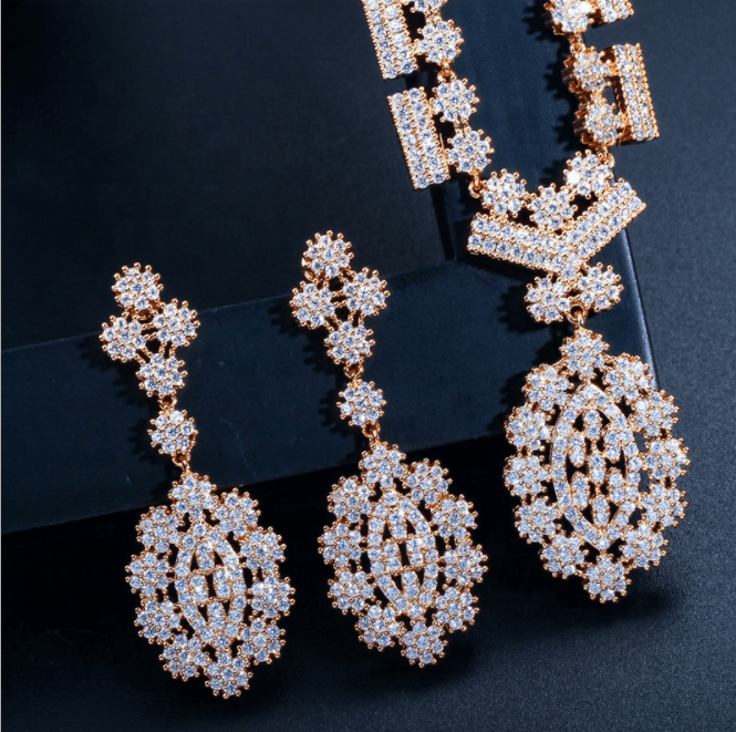 Gold simple style cubic zirconia necklace earrings bridal wedding jewelry sets for women