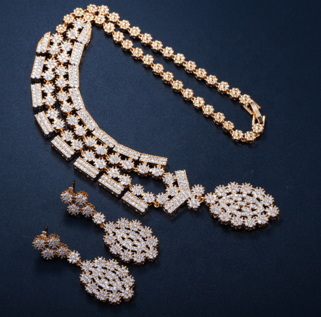 Gold simple style cubic zirconia necklace earrings bridal wedding jewelry sets for women
