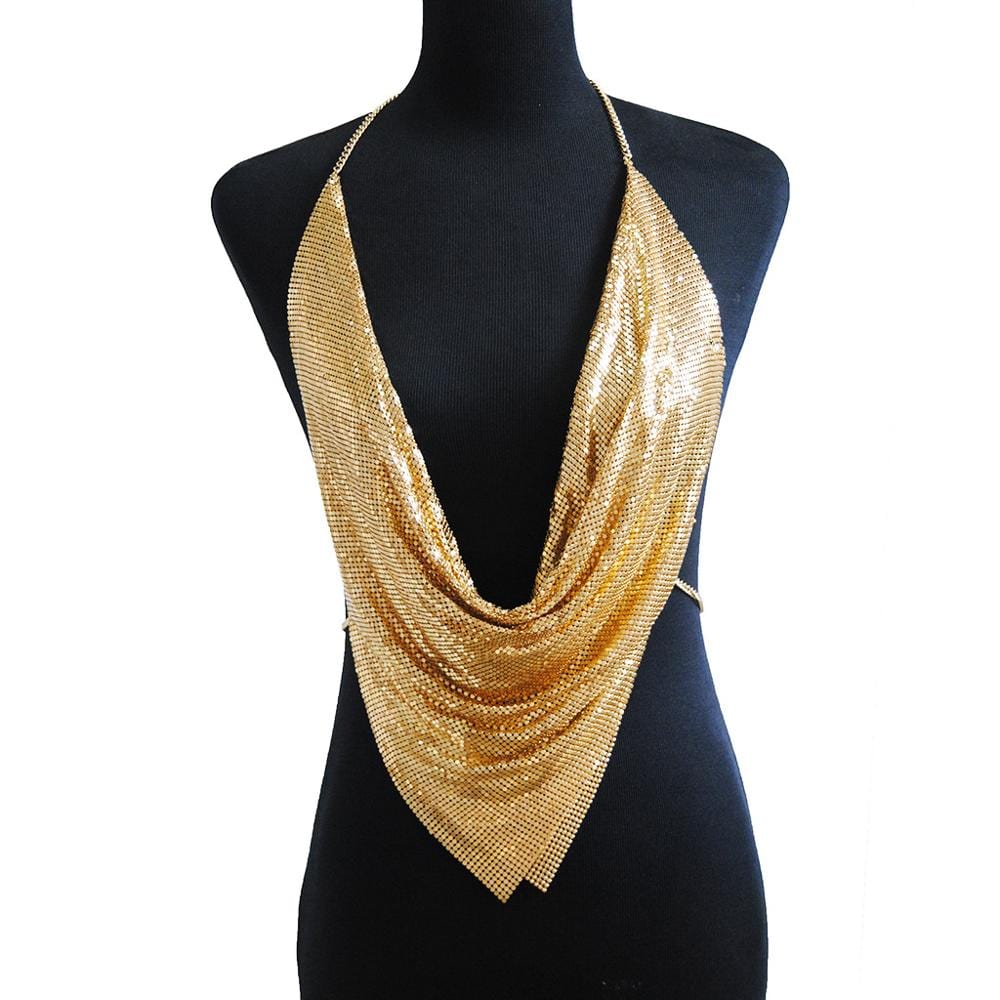 Gold V Shape Charm Statement Body Jewelry Big Bra Necklaces Sexy Shining Metal Clothes For Women Body Chain