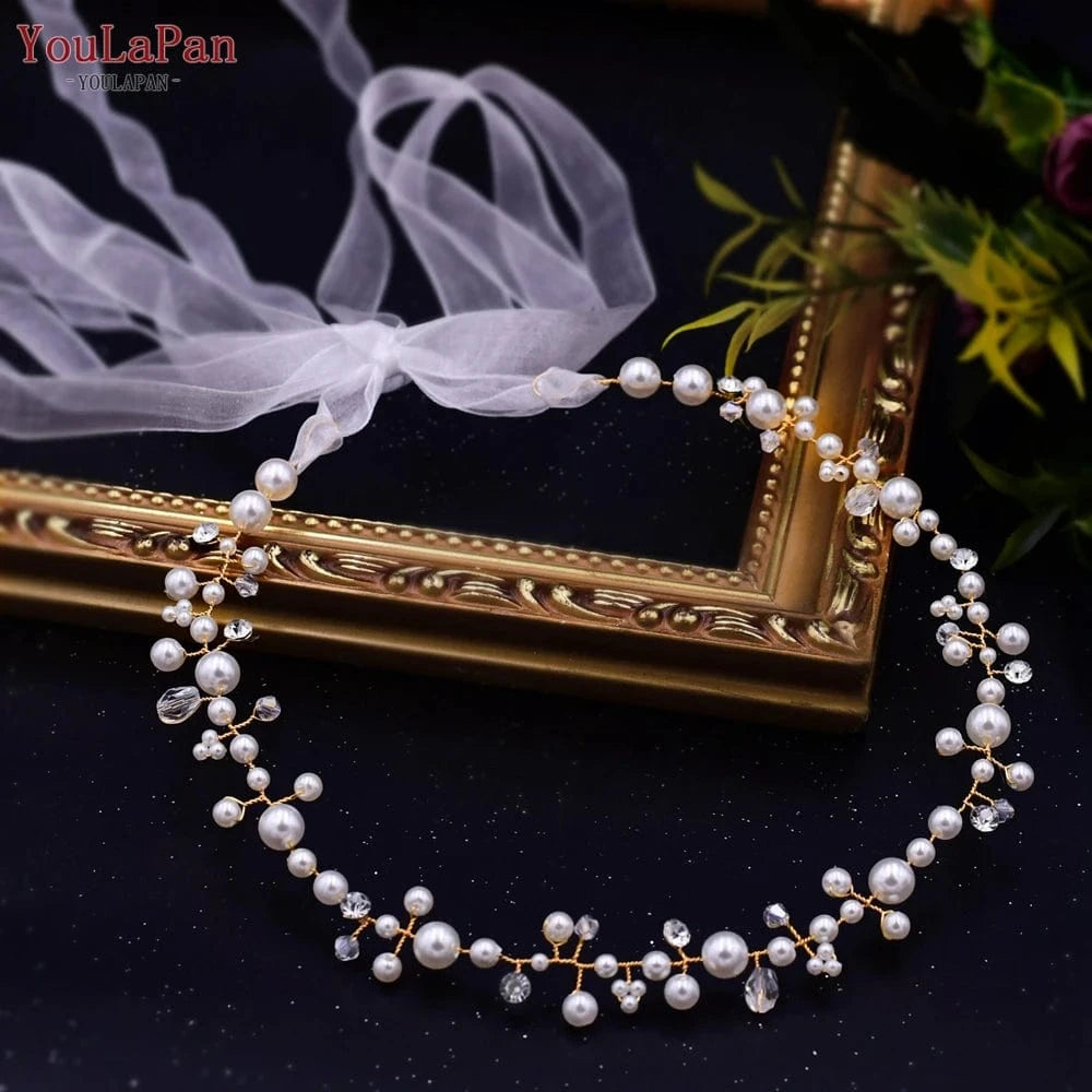 Gold YouLaPan HP03 Fairy Pearl Headband Gold Silver Beads Organza Ribbon Hair Vine Girls Women Daily Party Wedding Hair Accessories
