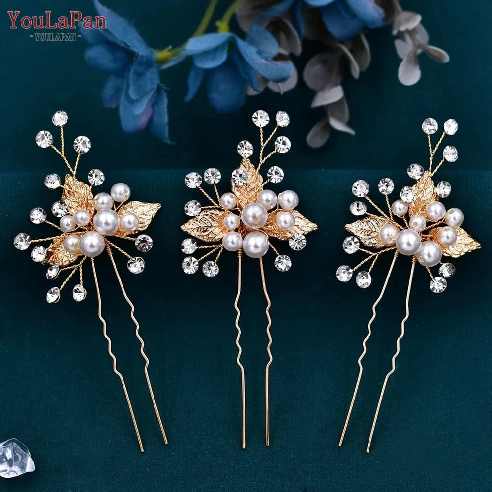 Gold YouLaPan HP133 Alloy Leaf Rhinestone Headwear Wedding Banquet Woman Hair Accessories Bridal Bridesmaid Hair Fork Set