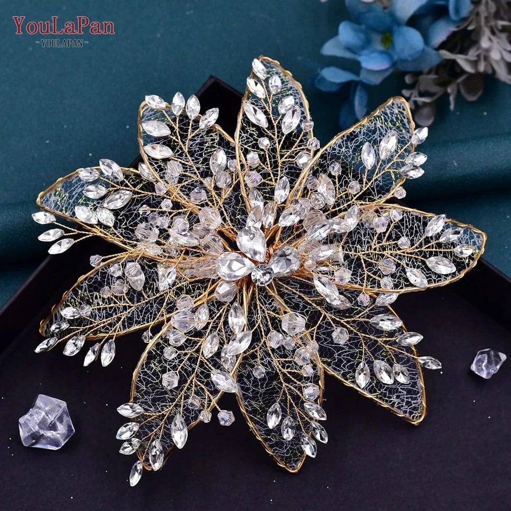 Gold YouLaPan HP217 Popular Simulation Hollow Flower Women Hair Clips Party Hair Accessories Crystal Rhinestone Bridal Headpiece