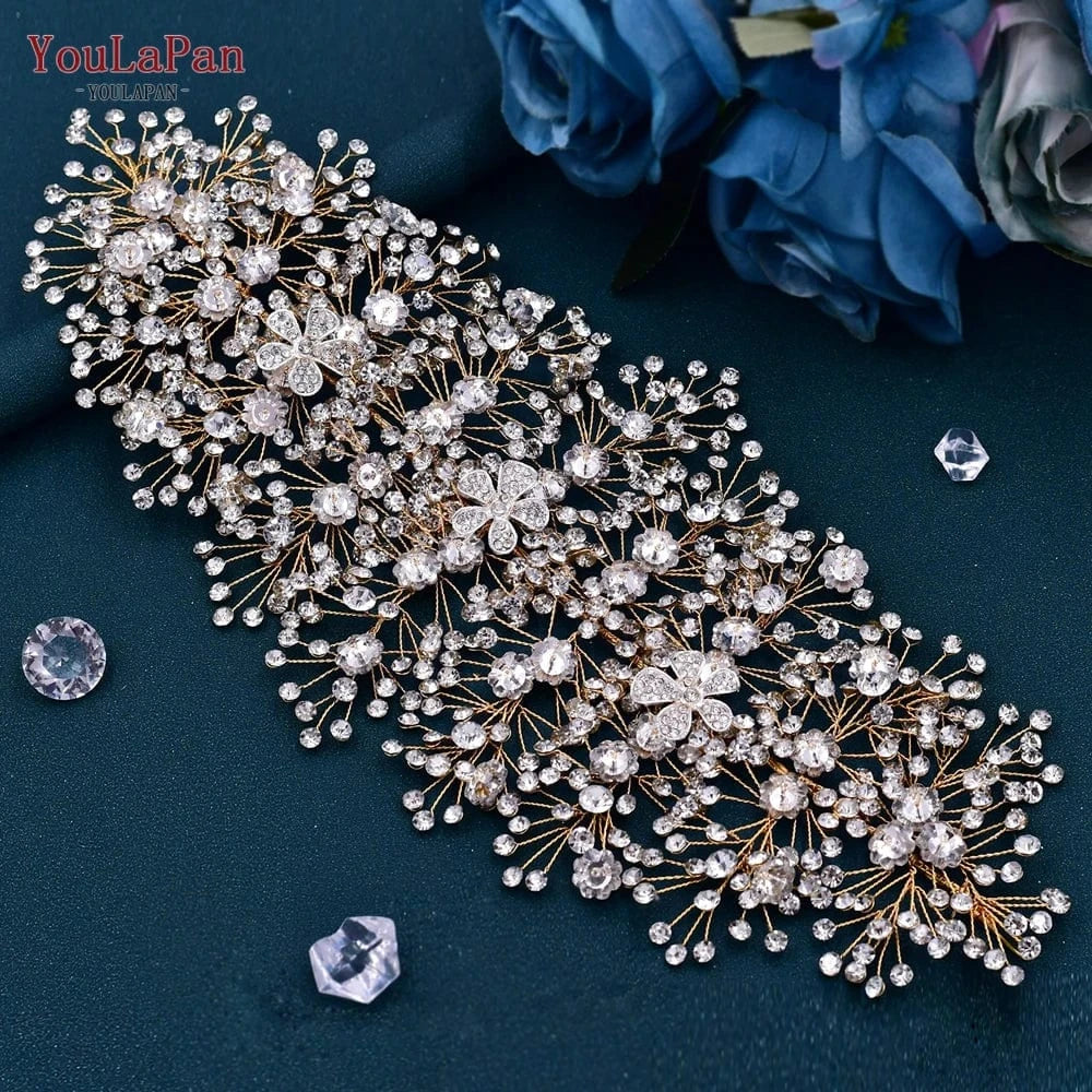 Gold YouLaPan HP240 Luxury Women Alloy Flower Headpiece Handmade Gold Rhinestones Floral Headband Wedding Bridal Hair Accessories