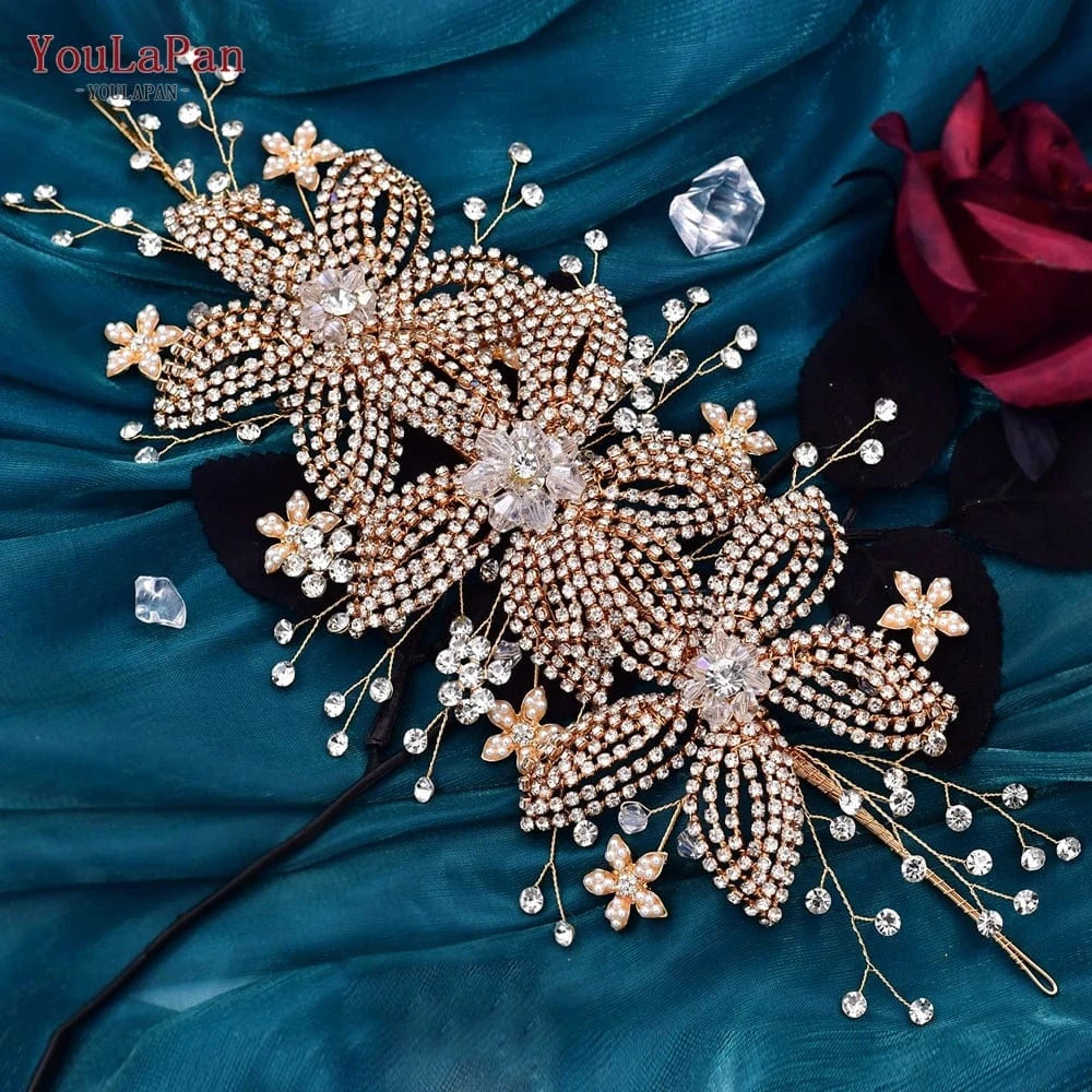 Gold YouLaPan HP252 Beautiful Bridal Hair Accessories Gold Silver Rhinestone 3 Flowers Hair Pieces Women Wedding Jewelry Headbands