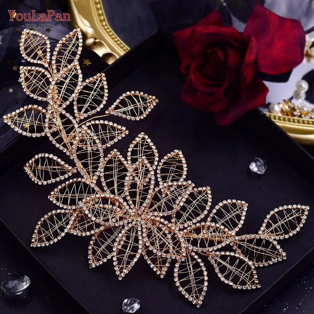 Gold YouLaPan HP256-X Fashion Rhinestone Hollow Leaves Ladies Headpiece Stage Styling Headband Wedding Bridal Hair Accessories