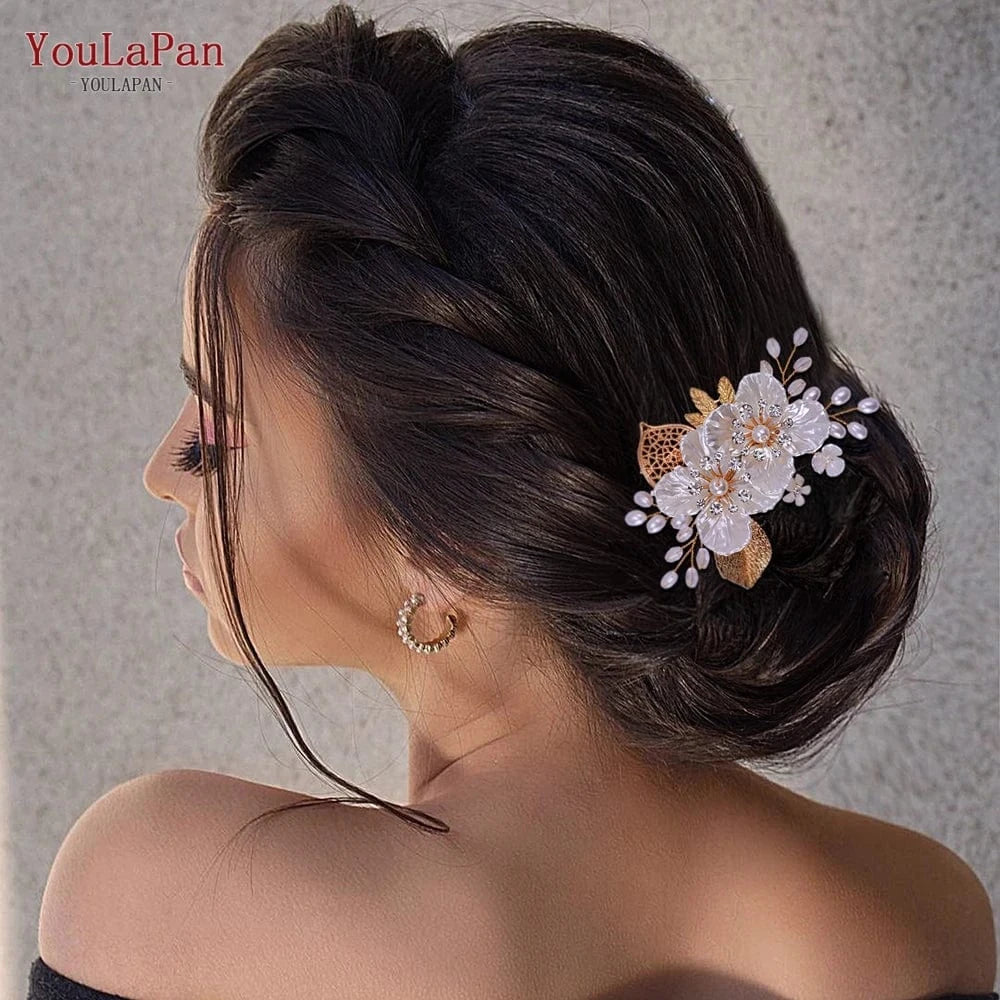 Gold YouLaPan HP269 Exquisite Women Hair Accessory Gold Alloy Leaves Resin Flower Bridal Headwear Crystal Wedding Hair Clips