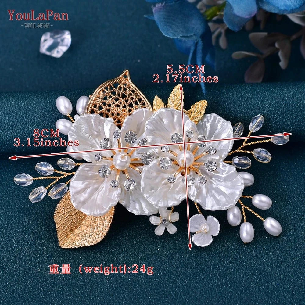 Gold YouLaPan HP269 Exquisite Women Hair Accessory Gold Alloy Leaves Resin Flower Bridal Headwear Crystal Wedding Hair Clips