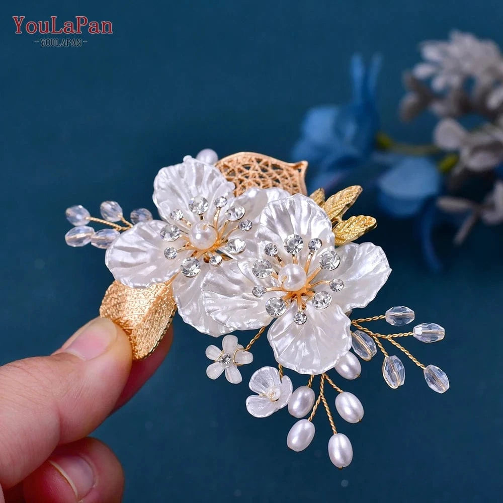 Gold YouLaPan HP269 Exquisite Women Hair Accessory Gold Alloy Leaves Resin Flower Bridal Headwear Crystal Wedding Hair Clips