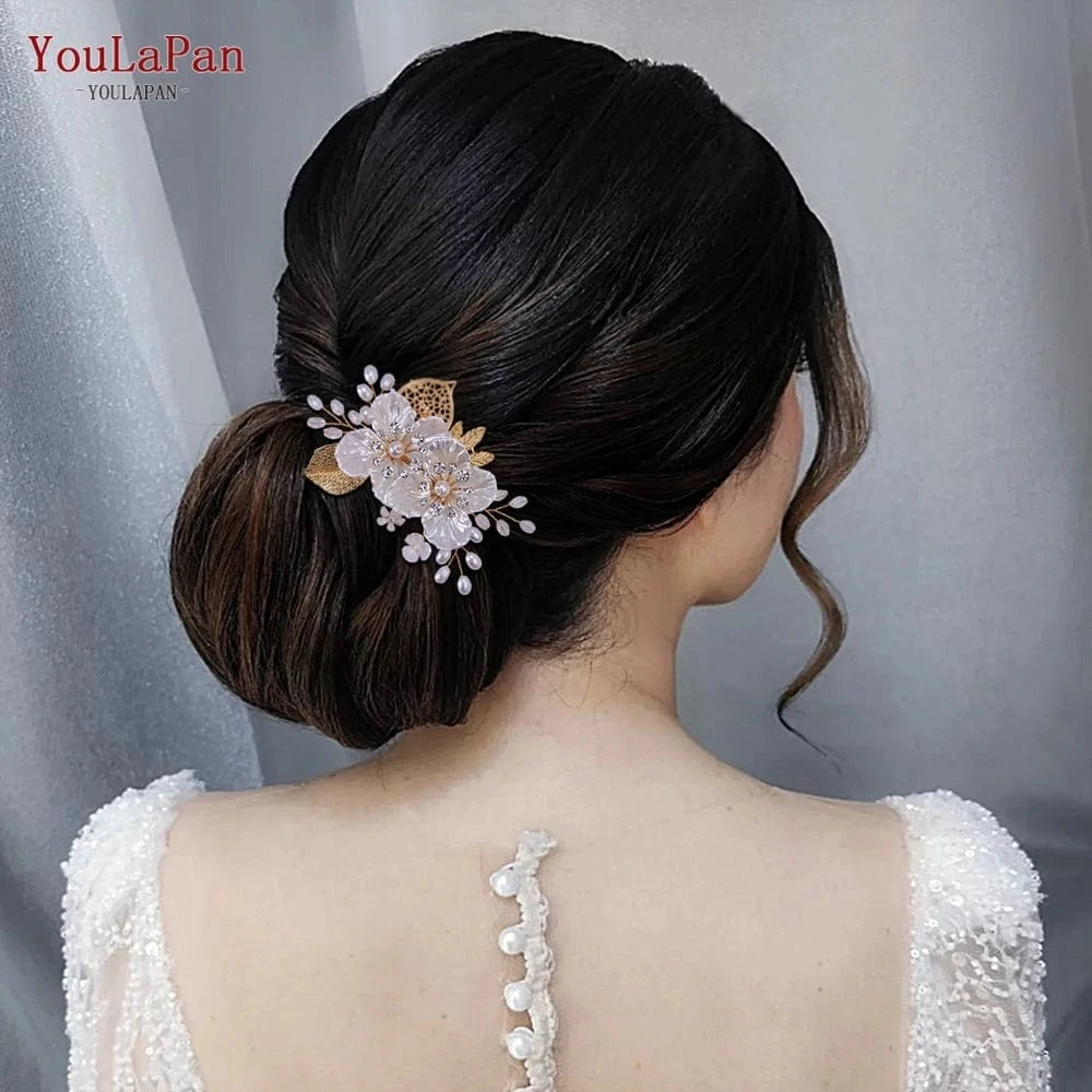 Gold YouLaPan HP269 Exquisite Women Hair Accessory Gold Alloy Leaves Resin Flower Bridal Headwear Crystal Wedding Hair Clips
