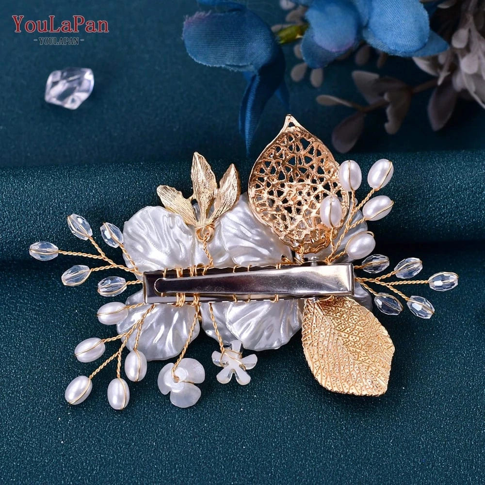 Gold YouLaPan HP269 Exquisite Women Hair Accessory Gold Alloy Leaves Resin Flower Bridal Headwear Crystal Wedding Hair Clips