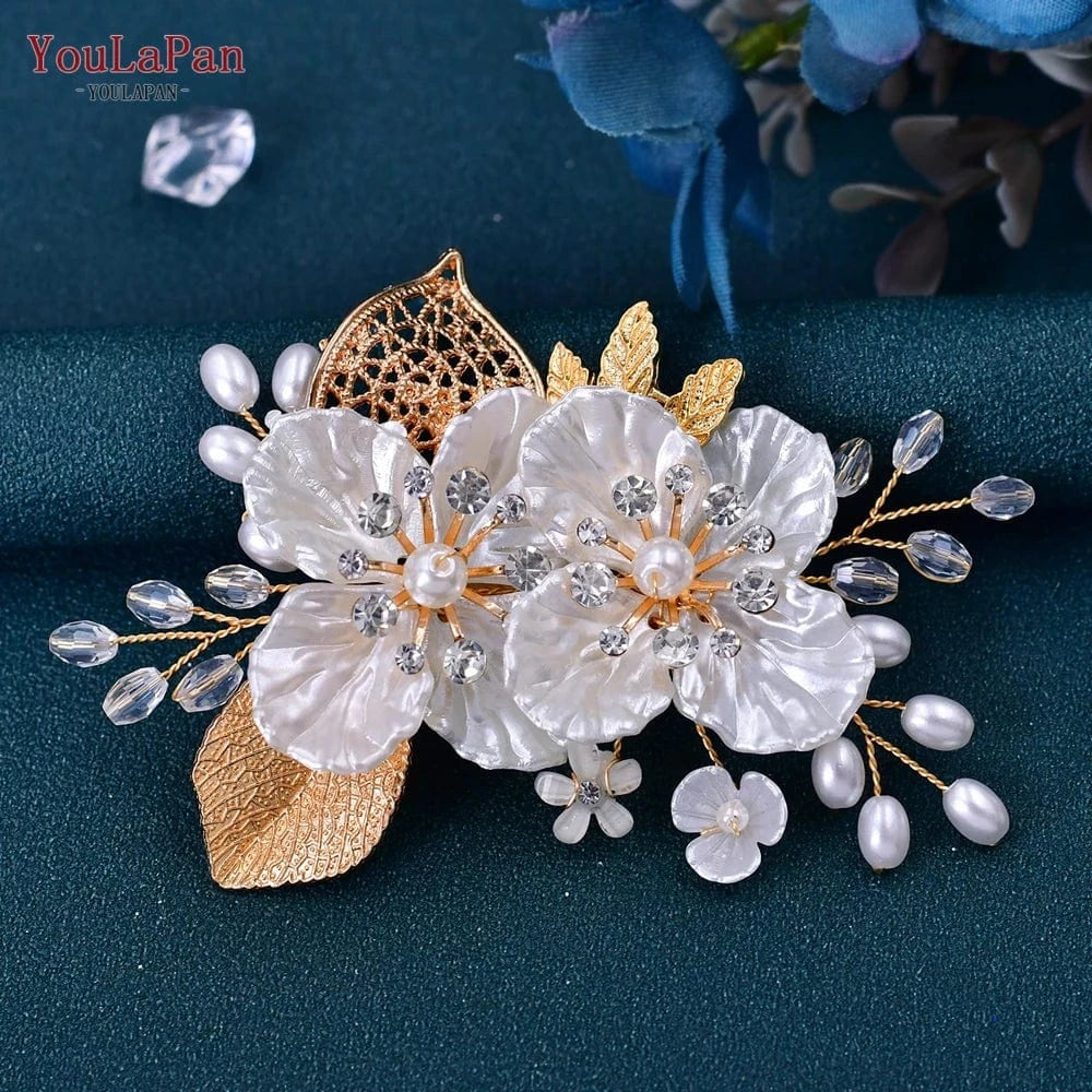 Gold YouLaPan HP269 Exquisite Women Hair Accessory Gold Alloy Leaves Resin Flower Bridal Headwear Crystal Wedding Hair Clips