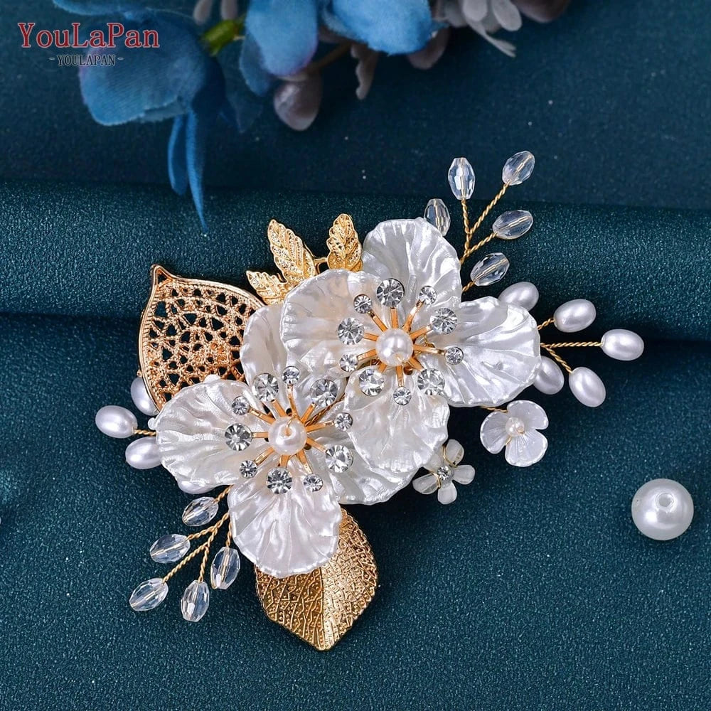 Gold YouLaPan HP269 Exquisite Women Hair Accessory Gold Alloy Leaves Resin Flower Bridal Headwear Crystal Wedding Hair Clips