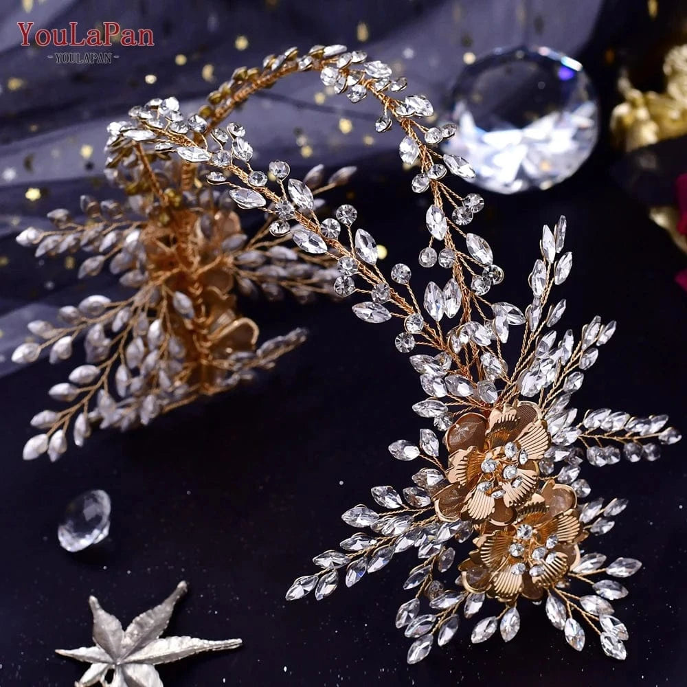 Gold YouLaPan HP284 Fashion Alloy Flower Woman Headwear Beauty Pageant Wedding Hair Band Sparkling Rhinestone Bridal Headband
