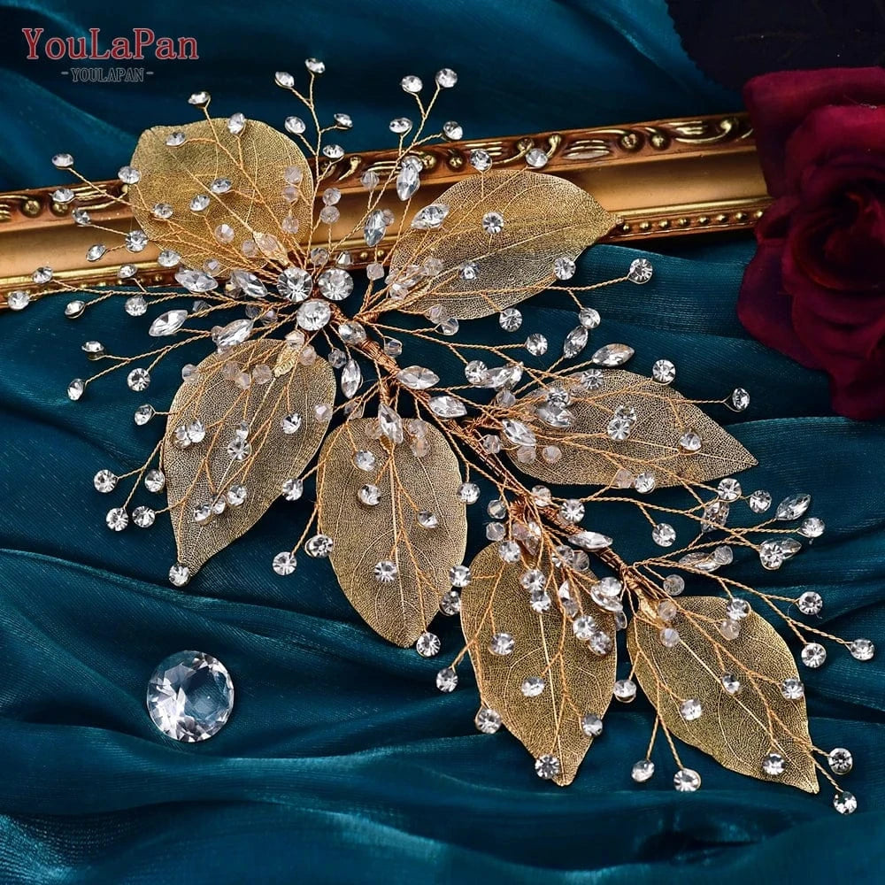 gold YouLaPan HP285 Elegant Silver Rhinestone Women's Hair Accessories Alloy Leaves Wedding Hair Piece Bridal Headband