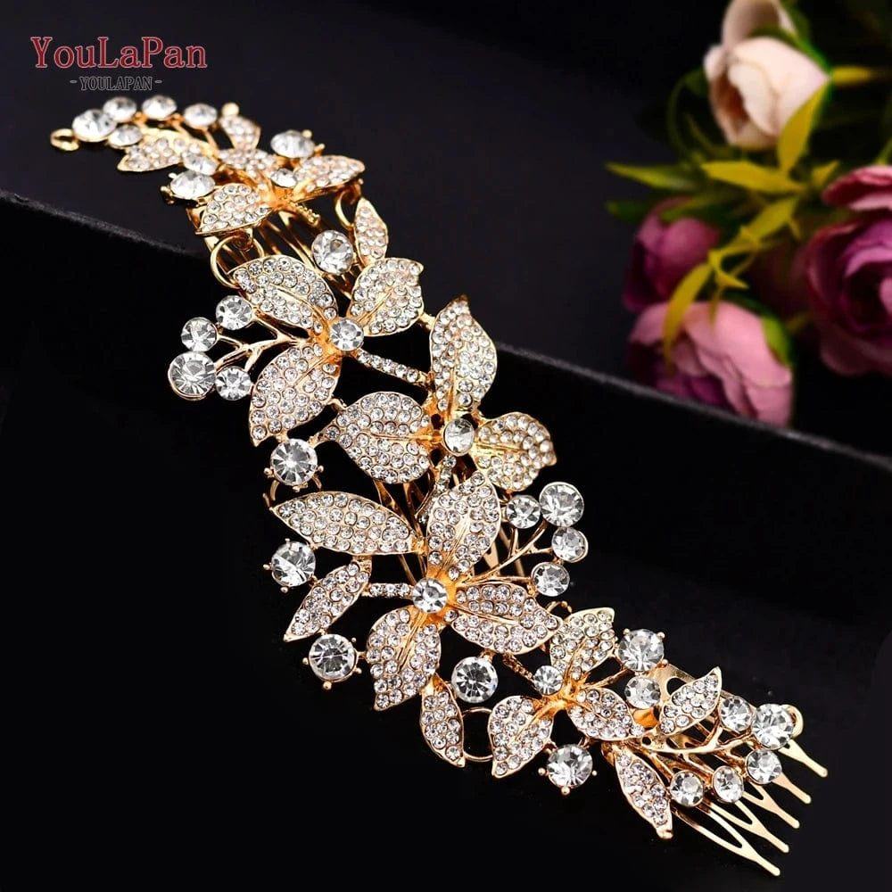 Gold YouLaPan HP301 Multicolor Alloy Flower Hair Comb Party Hair Accessories Shiny Rhinestone Silver Gold Bridal Hairpiece