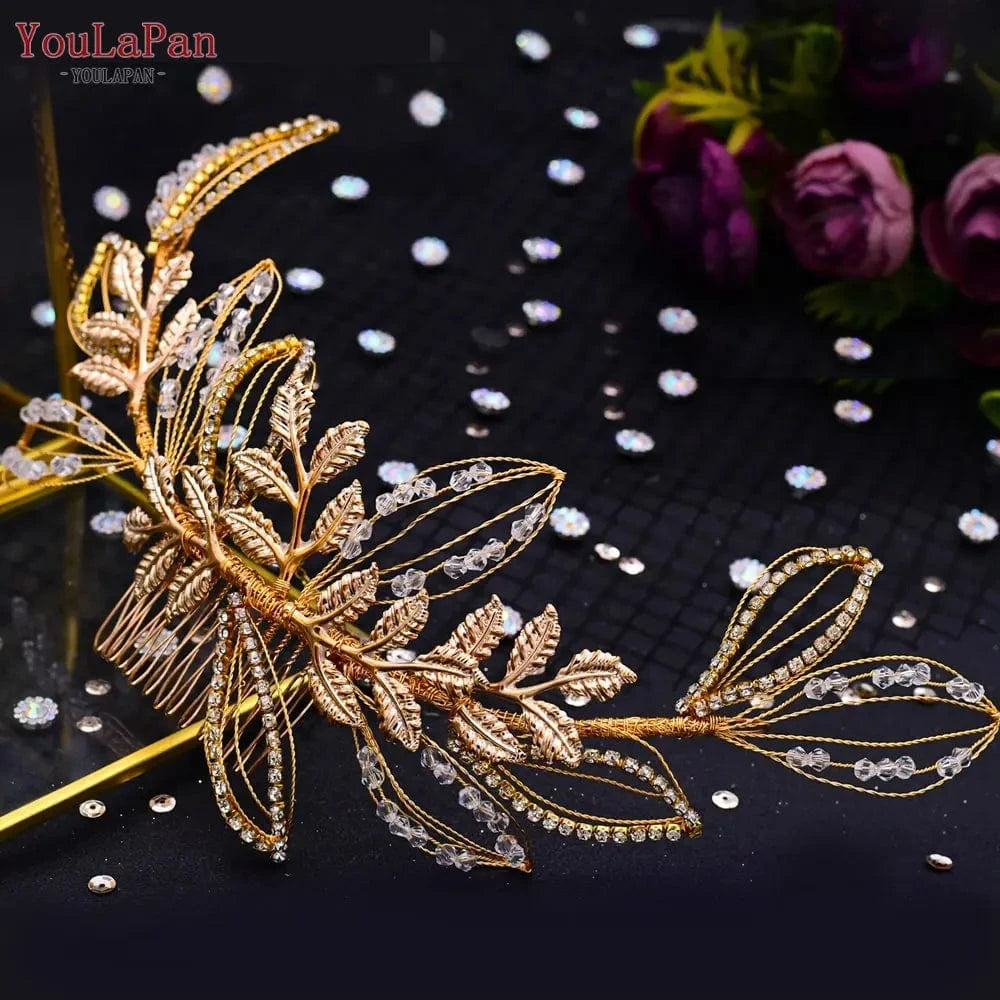 Gold YouLaPan HP316 Under $5 Long Woman Hair Slice Gold Silver Alloy Leaves Side Comb Bridal Wedding Hair Accessories