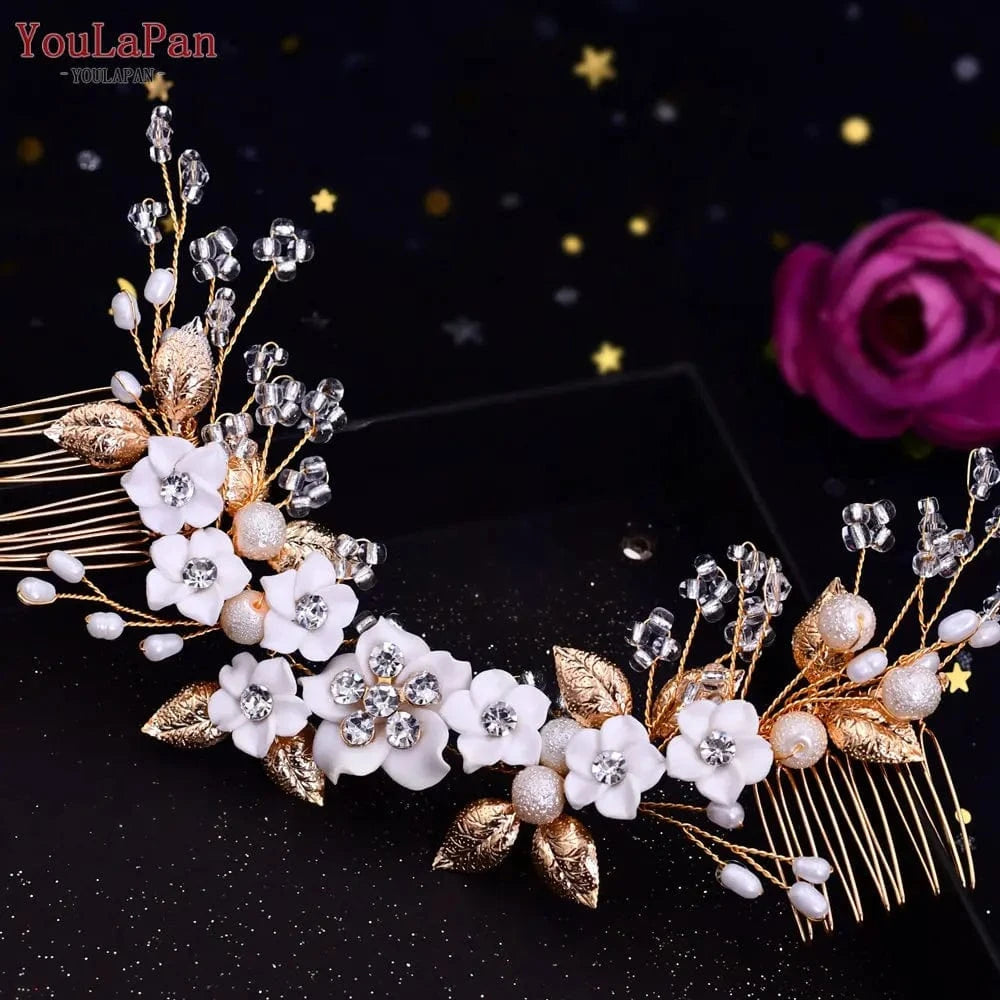 Gold YouLaPan HP337 White Flower Hair Jewelry for Wedding Accessories , Sparking Crystal Rhinestone Bridal Hair Comb, Women Tiaras