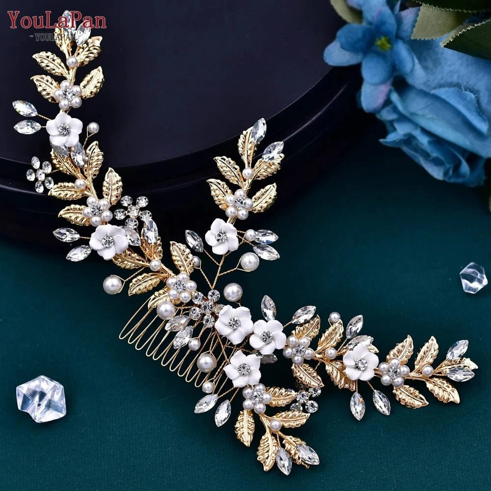 Gold Youlapan HP368 Beautiful Bridal Hair Accessories Alloy Leaf Pearl Woman Hair Comb Gold And Silver Bridal Hair Pieces
