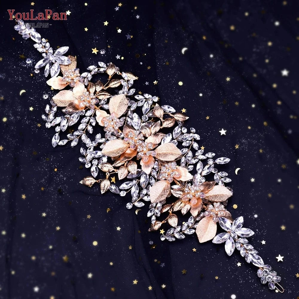 Gold Youlapan HP391 Boutique Woman Hair Bands Shiny Rhinestone Alloy Leaf Bridal Hair Accessories Wedding Party Large Hair Piece