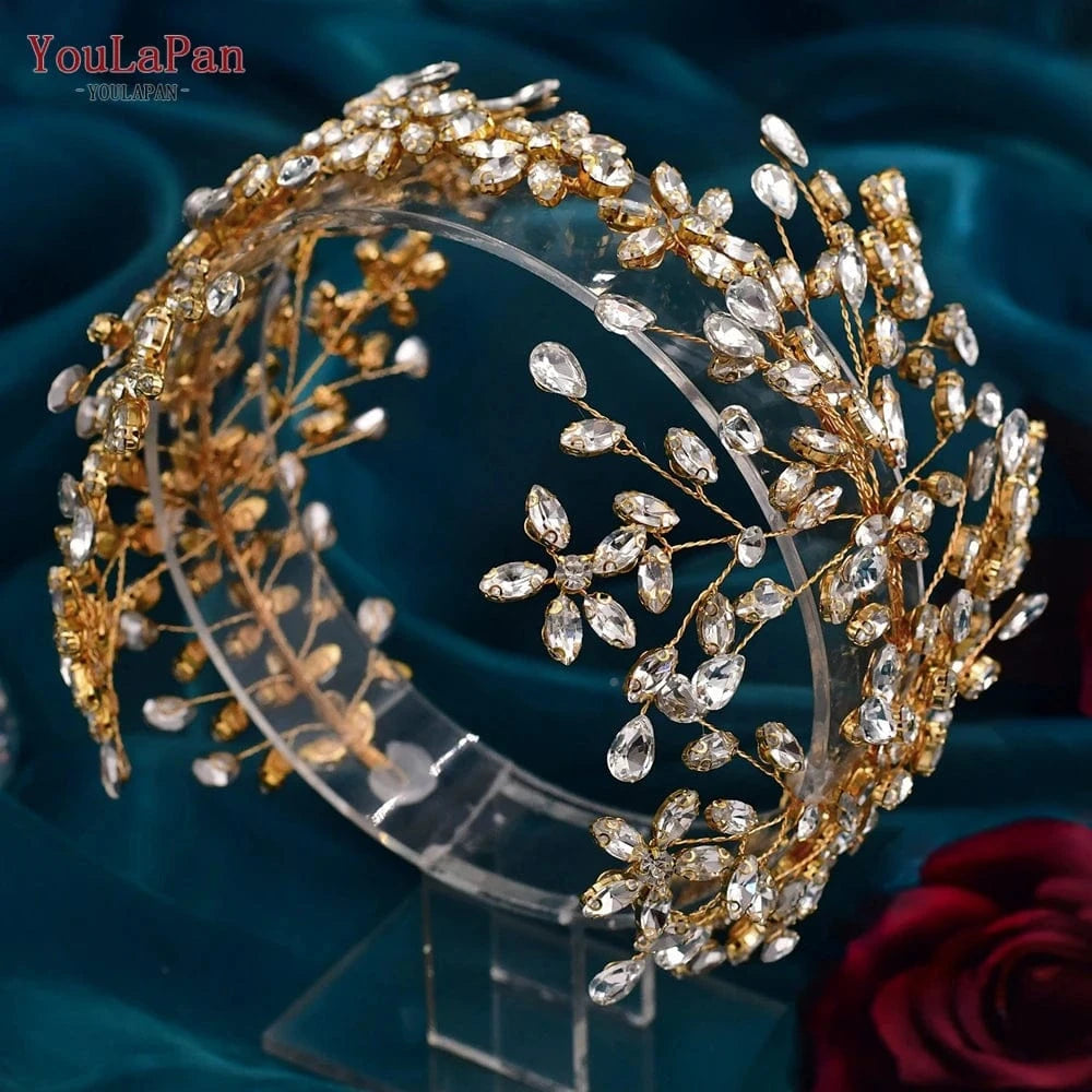 gold Youlapan HP414-G European American Popular Luxury Hair Accessories Golden Rhinestones Headband Wedding Bridal Tiara Hair Piece