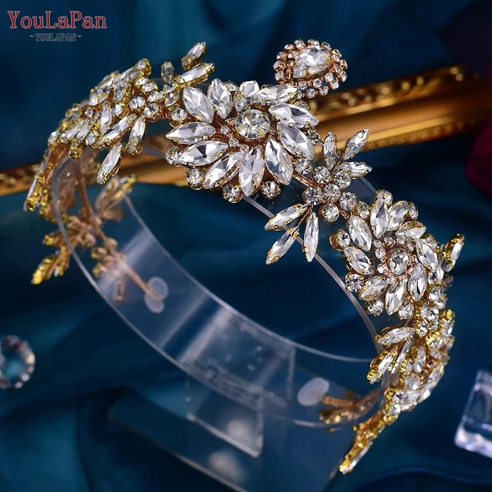 Gold YouLaPan HP440 Flower Shape Rhinestone Head Chain Bridal Forehead with Tiara Wedding Headdress Boho Bridal Tiara Jewelry