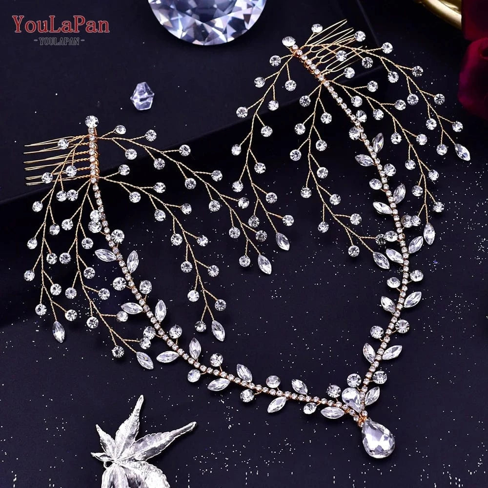 Gold YouLaPan HP466 Pop Pendant Hair Accessories Rhinestone Vine Forehead Band Hair Comb Boho Bridal Wedding Headwear