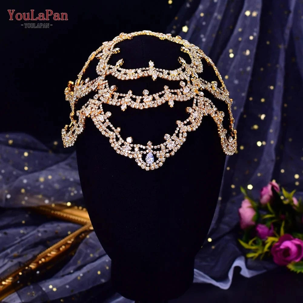 Gold Youlapan HP480 Pop Boho Hair Chain Gold Silver Rhinestone Mesh Hat Forehead Beauty Pageant Wedding Hair Accessories