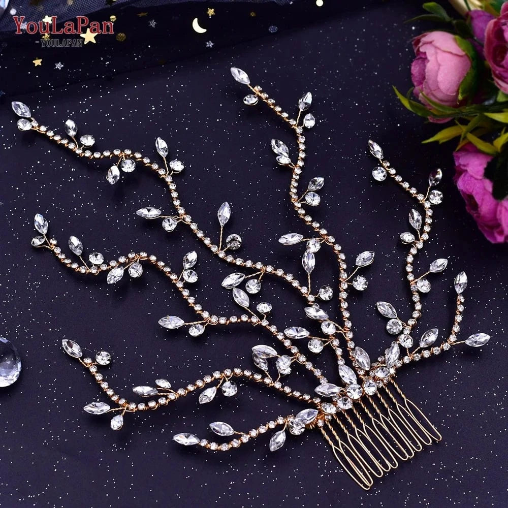 Gold YouLaPan HP481 Pretty Woman Long Tentator Hair Comb Gold Silver Rhinestone Hair Pieces Bridal Wedding Plate Hair Accessories