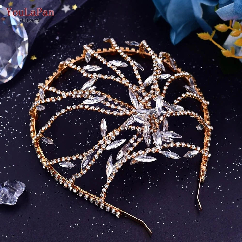 Gold YouLaPan HP483 Personality New European and American Headdress Wedding Crown Silver Gold Rhinestone Hair Piece Bridal Headwear