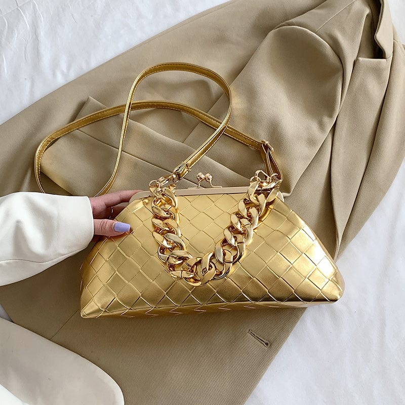 Golden 2022 Trending Woven Purse Ruched Dumpling Pouch Hobo Bag Chain Link Shoulder Handbag Women Chain Cloud Clutch Bag