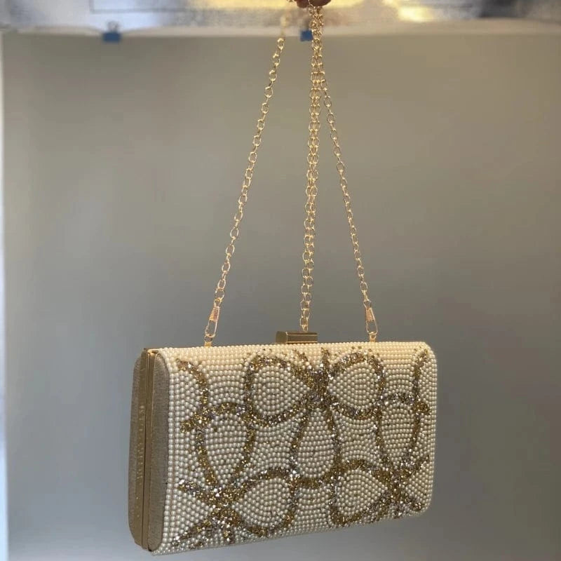 Golden good quality wedding bridal clutch bag latest pearl evening clutch purses beaded 2023 womens clutch