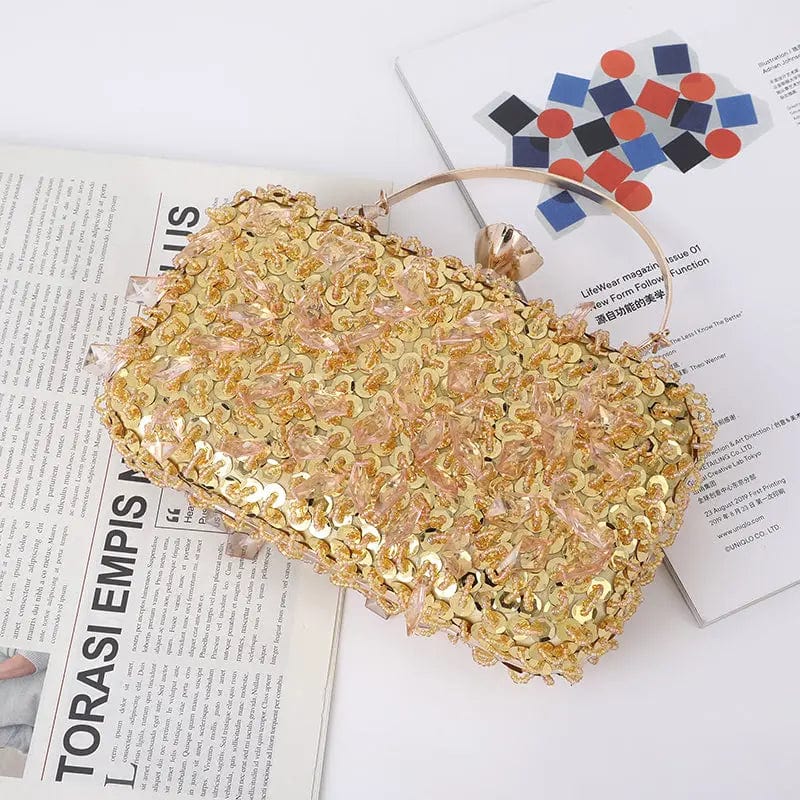 Golden Wholesale 2022 Channeling Beads Hanging Diamond Evening Clutch Purse New Laser Sequins Crystal Metal Hand Dinner Bag Woman