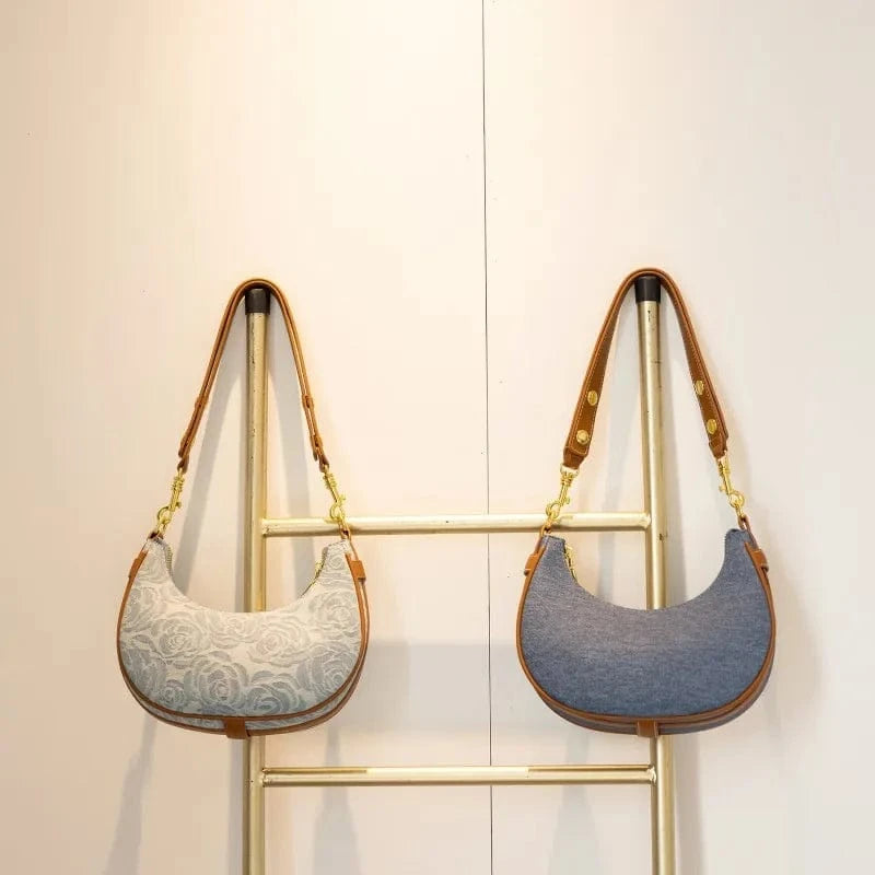 Good price jeans bags handbags women eco shoulder bag women blue color custom half moon handbag