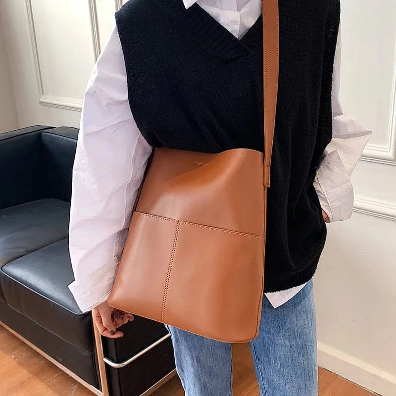 Good Quality solid color casual simple leather tote bag Shoulder Handbags Tote Bags For Women