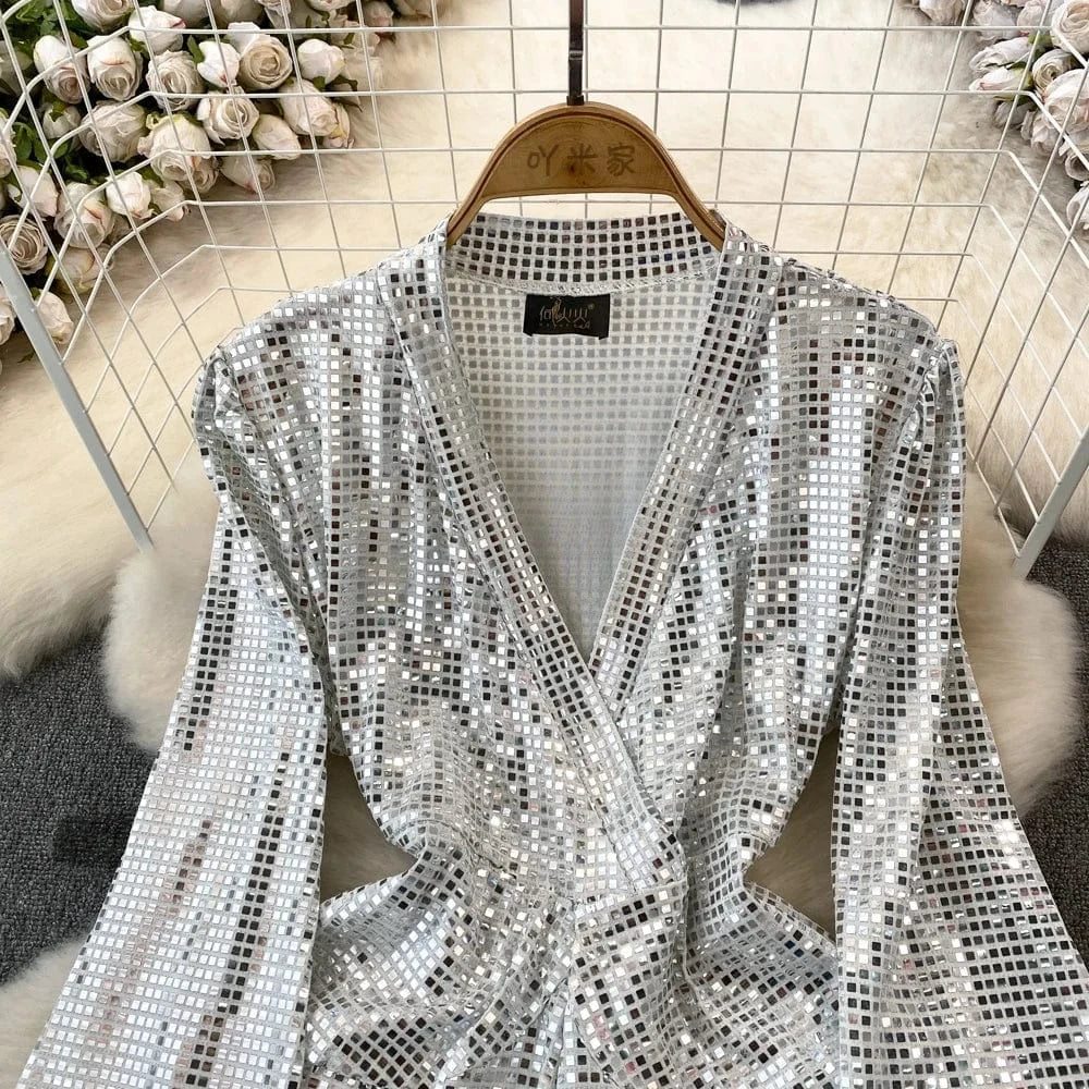 Good Quality Wholesale Women's Party Wear Shirt Dress Bandage Sequin Glitter Shirts For Female