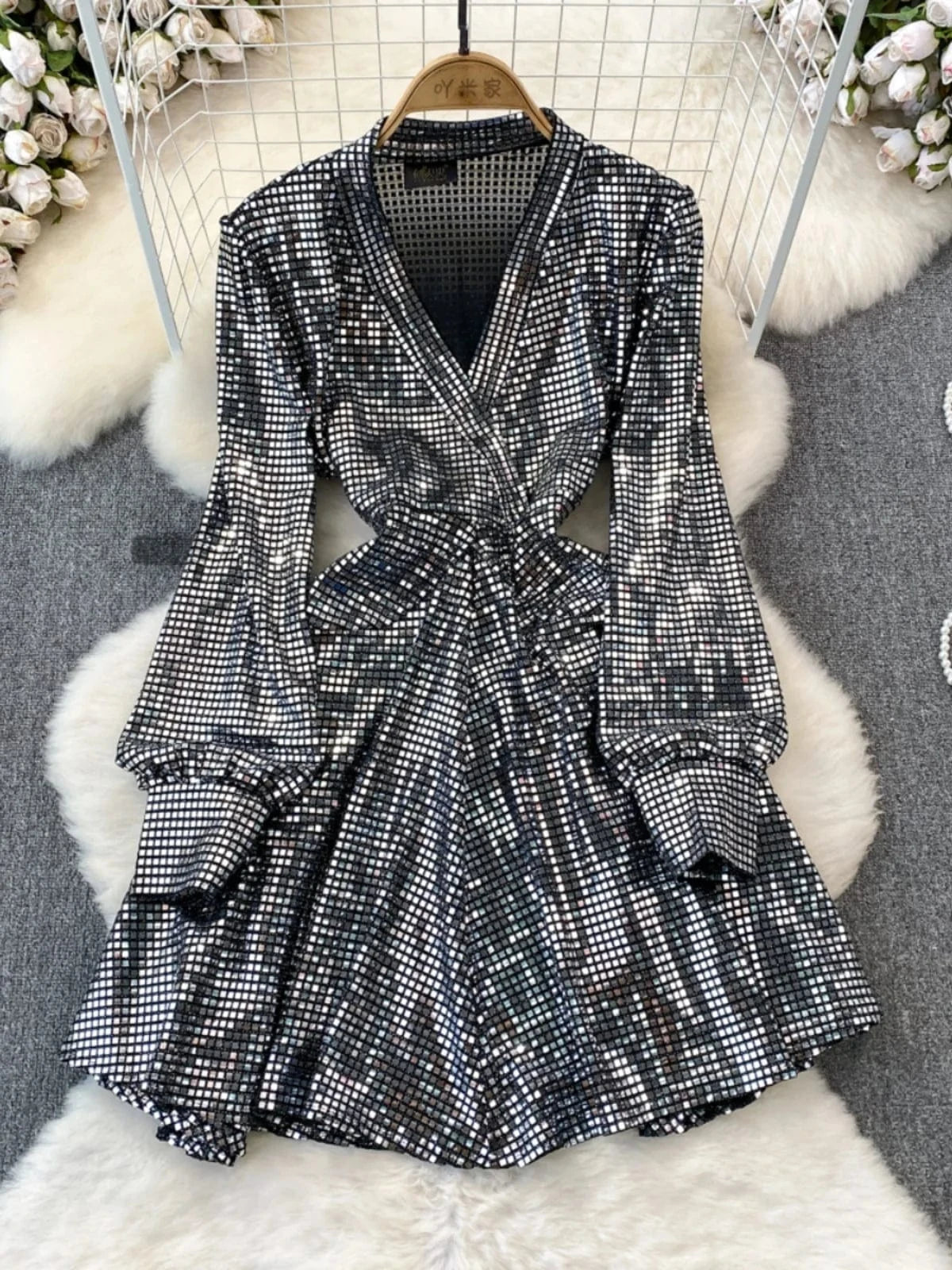 Good Quality Wholesale Women's Party Wear Shirt Dress Bandage Sequin Glitter Shirts For Female