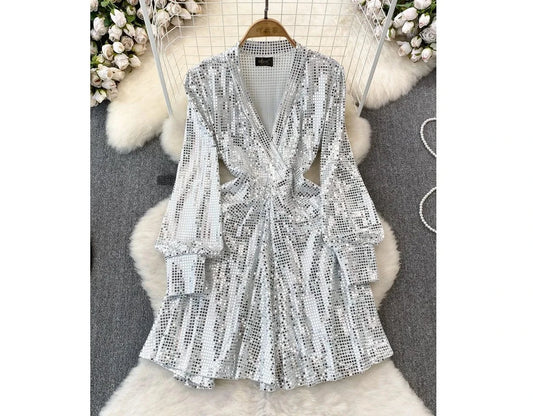 Good Quality Wholesale Women's Party Wear Shirt Dress Bandage Sequin Glitter Shirts For Female