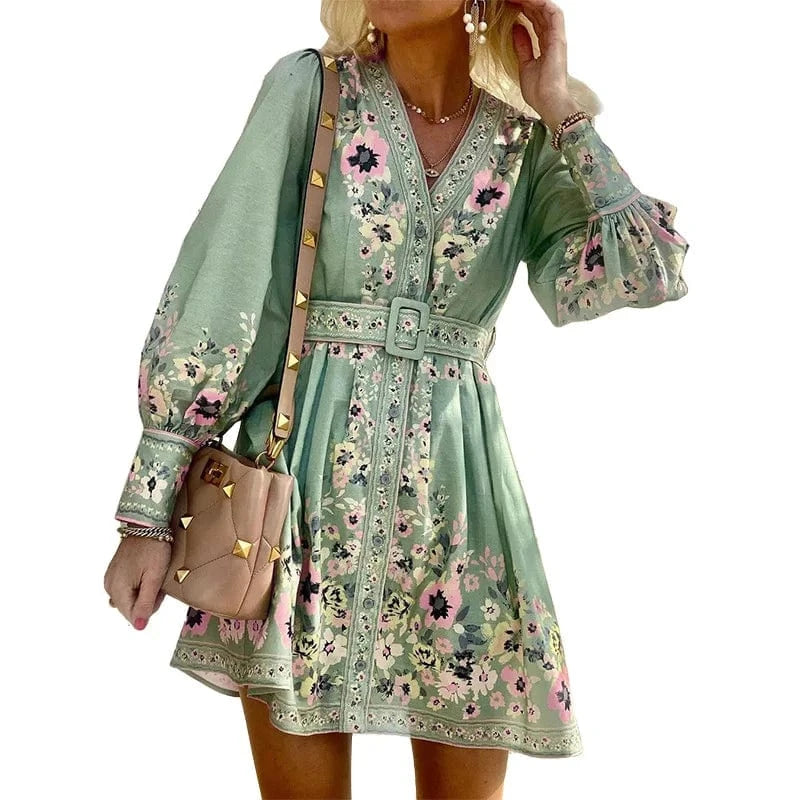 Goods Cross-border 2023 Autumn New Women's Long-sleeved V-neck Loose Print Bohemian Dress