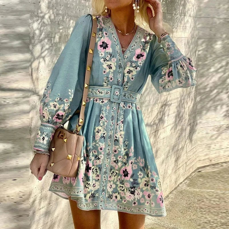 Goods Cross-border 2023 Autumn New Women's Long-sleeved V-neck Loose Print Bohemian Dress