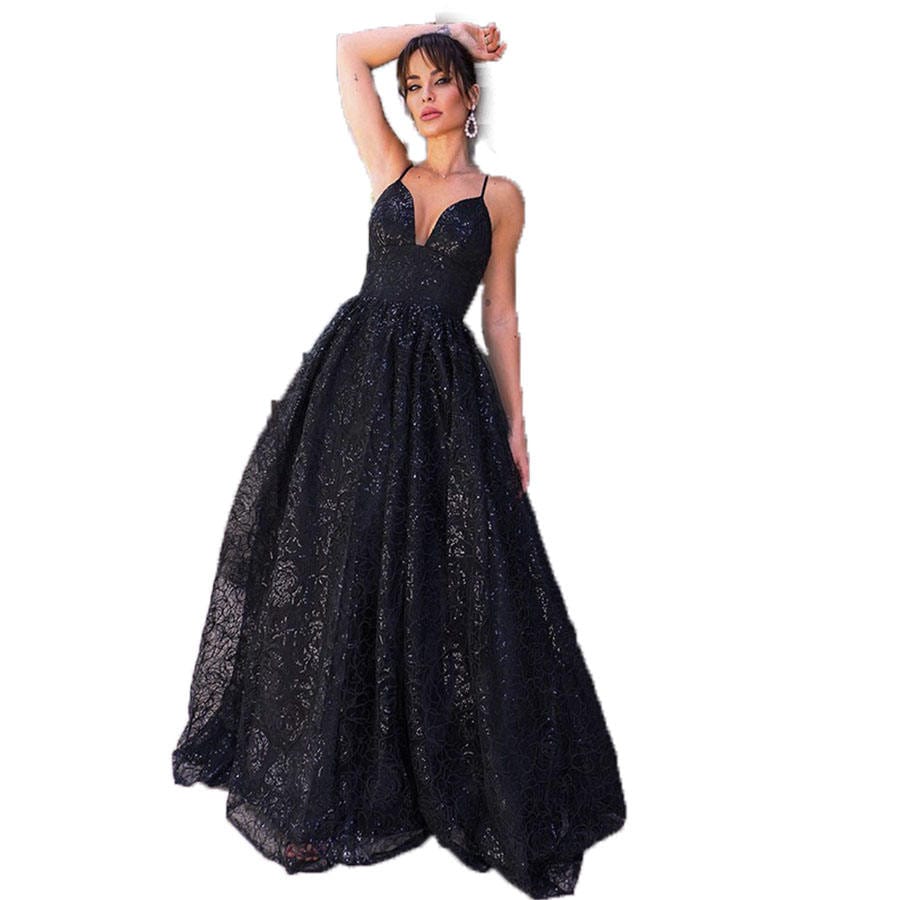 Gorgeous Black Sling V-Neck Open Back Sequin Lace Embroidered Evening Gown Party Dress