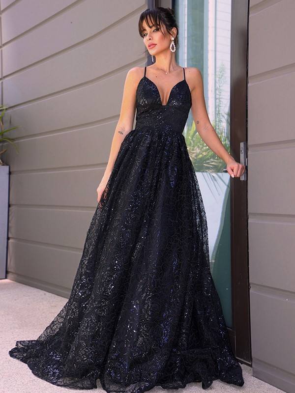 Gorgeous Black Sling V-Neck Open Back Sequin Lace Embroidered Evening Gown Party Dress
