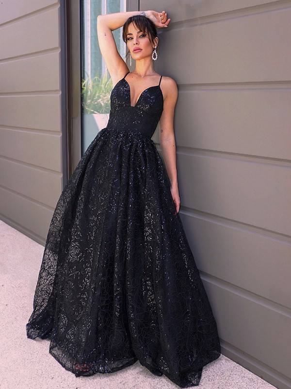 Gorgeous Black Sling V-Neck Open Back Sequin Lace Embroidered Evening Gown Party Dress
