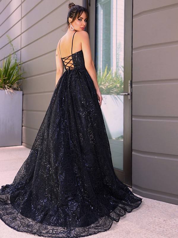 Gorgeous Black Sling V-Neck Open Back Sequin Lace Embroidered Evening Gown Party Dress
