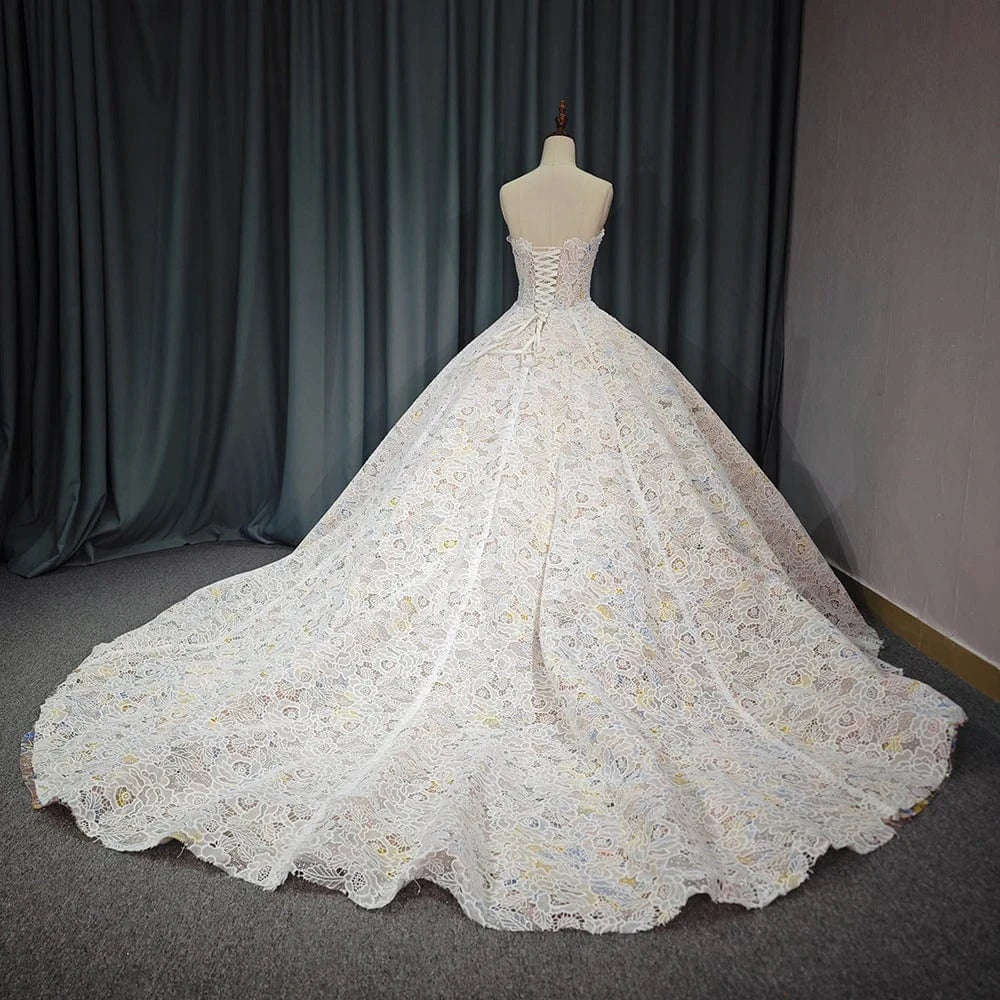 Gorgeous Champagne Evening Dresses Ball Gown Scoop Neck Appliques Lace Ruffle Cathedral Train 6711