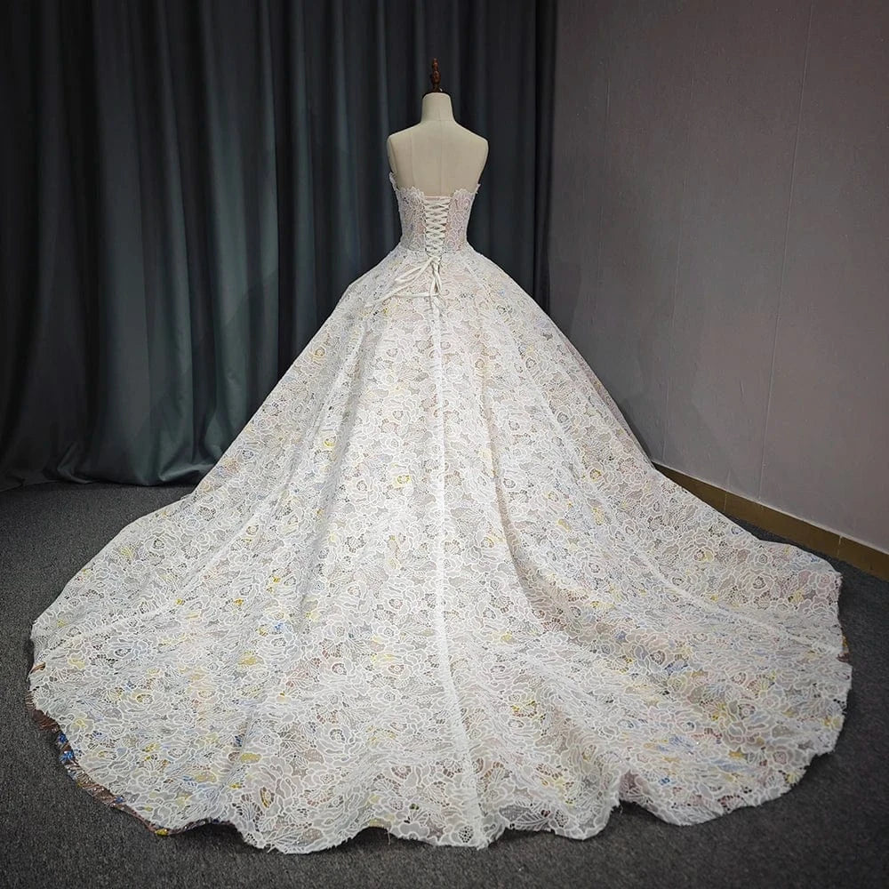 Gorgeous Champagne Evening Dresses Ball Gown Scoop Neck Appliques Lace Ruffle Cathedral Train 6711